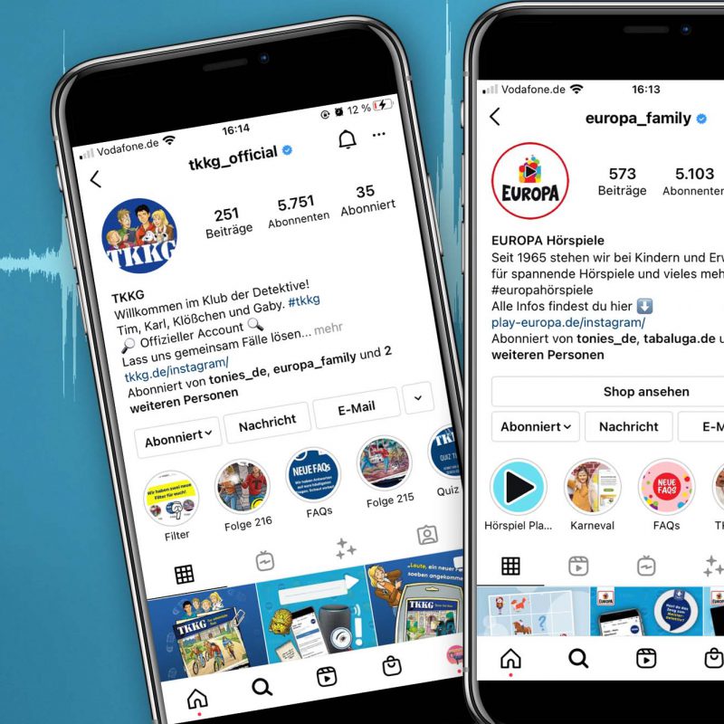 Die Instagram Profile von TKKG, Die drei ??? und Europa Hörspiele aus dem Hause Sony Music