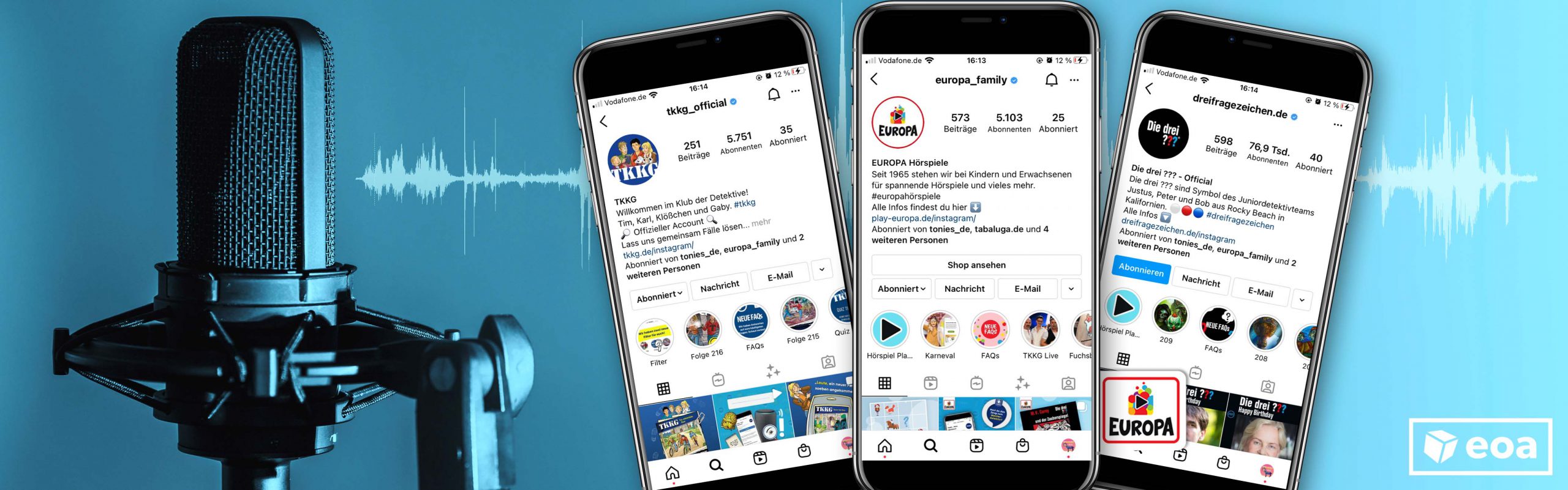 Die Instagram Profile von TKKG, Die drei ??? und Europa Hörspiele aus dem Hause Sony Music