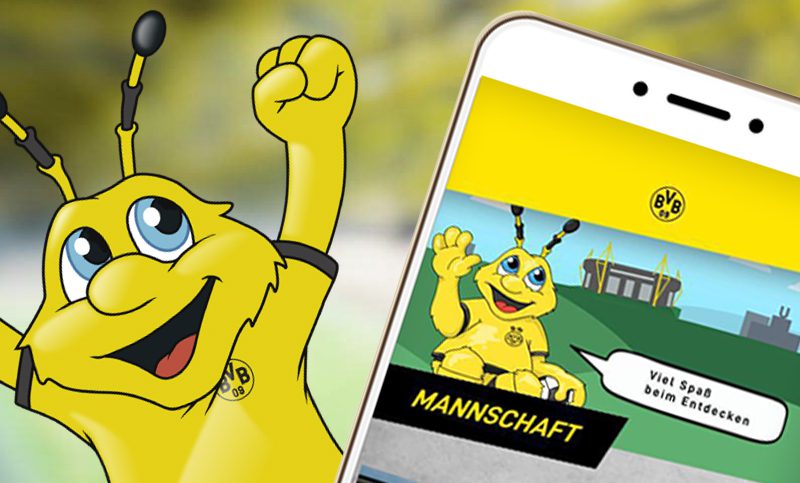 Borussia Dortmund Maskottchen EMMA, präsentiert die neue App des BVB Kids Club