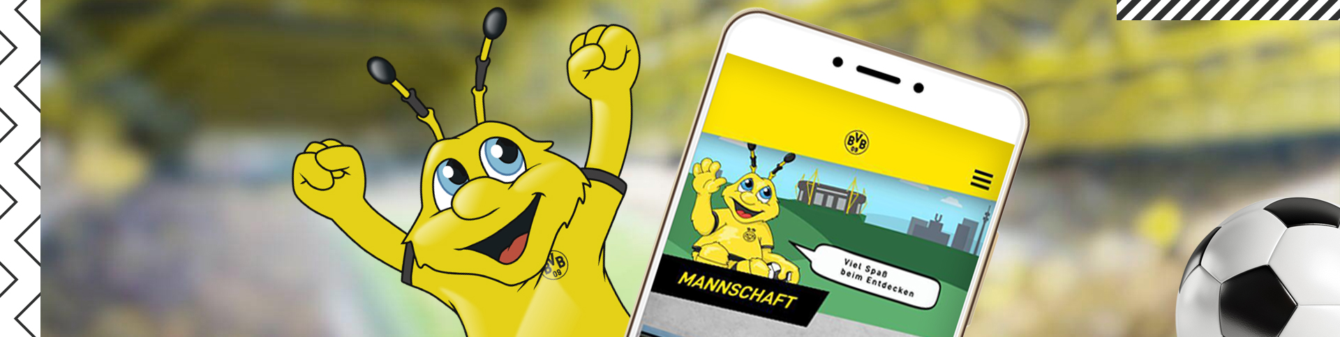 Borussia Dortmund Maskottchen EMMA, präsentiert die neue App des BVB Kids Club