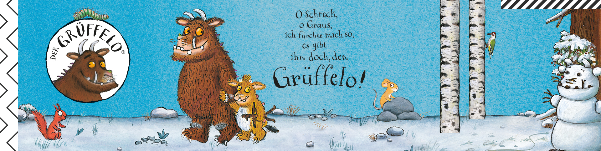 Eine winterliche Szene mit dem Grüffelo, dem Grüffelo-Kind und weiteren Tieren