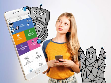 Eine Jugendliche und ein Smartphone mit einem Ausschnitt der Streitkultur 3.0 App der Berghof Foundation